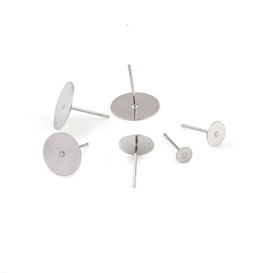 Picture of Stainless Steel Ear Post Stud Earrings Round Silver Tone Glue On (Fits 4mm Dia.) 12mm x 4mm, Post/ Wire Size: (21 gauge), 50 PCs