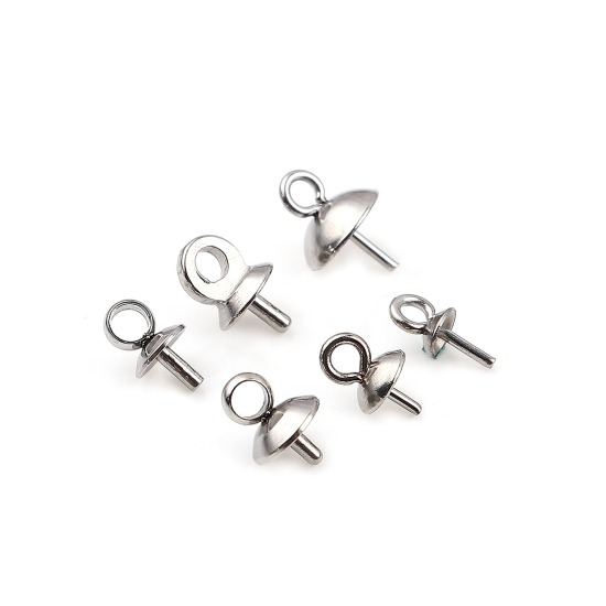 Picture of Stainless Steel Pearl Pendant Connector Bail Pin Cap Silver Tone (Fits 3mm Dia.) 7mm x 3mm, 10 PCs