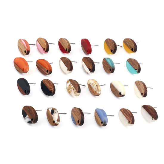 Image de Boucles d'Oreilles Puces Résine à Effet de Bois en Résine & Bois Ovale Couleur Naturelle avec Boucle 15mm x 10mm, Epaisseur de Fil: (21 gauge), 6 Pcs
