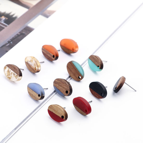 Image de Boucles d'Oreilles Puces Résine à Effet de Bois en Résine & Bois Ovale Couleur Naturelle avec Boucle 15mm x 10mm, Epaisseur de Fil: (21 gauge), 6 Pcs