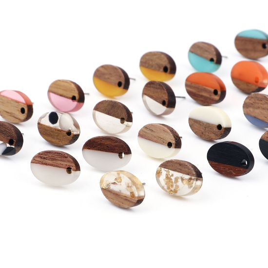 Image de Boucles d'Oreilles Puces Résine à Effet de Bois en Résine & Bois Ovale Couleur Naturelle avec Boucle 15mm x 10mm, Epaisseur de Fil: (21 gauge), 6 Pcs