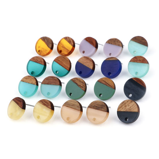 Picture of Resin & Wood Wood Effect Resin Ear Post Stud Earrings Findings Round Natural W/ Loop 
