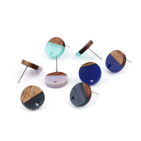Picture of Resin & Wood Wood Effect Resin Ear Post Stud Earrings Findings Round Natural W/ Loop 