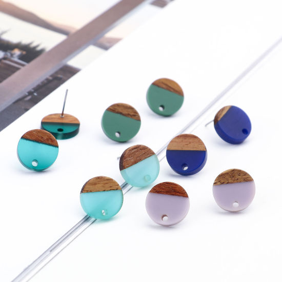 Picture of Resin & Wood Wood Effect Resin Ear Post Stud Earrings Findings Round Natural W/ Loop 