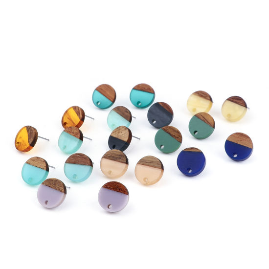 Picture of Resin & Wood Wood Effect Resin Ear Post Stud Earrings Findings Round Natural W/ Loop 