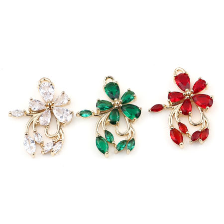 Immagine di 2 Pz Ottone & Vetro Ciondoli All'Ingrosso Vero Oro Placcato Fiore 23mm x 18mm