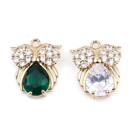 Image de 2 Pcs Breloques En Gros en Laiton & Verre Plaqué Or Véritable Hibou 18mm x 15mm