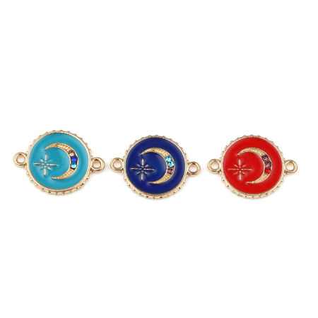 Image de Connecteurs Galaxie en Alliage de Zinc Rond Doré Etoile Émail à Strass Coloré 22mm x 16mm, 10 Pcs