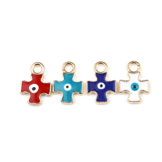 Bild von Zinklegierung Religiös Charms Kreuz Vergoldet Böser Blick Evil Eye Emaille 16mm x 11mm, 10 Stück