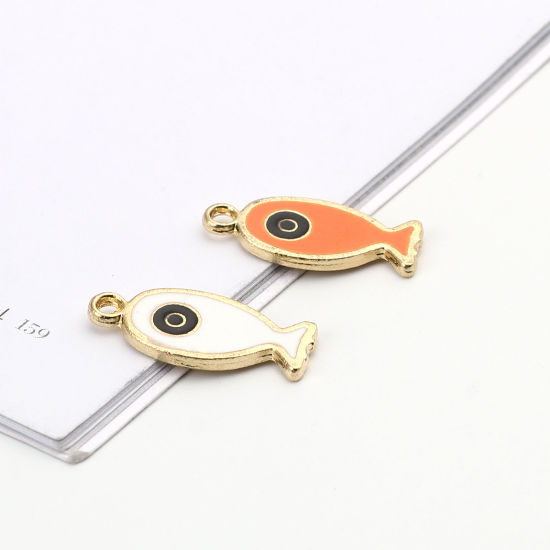 Immagine di Lega di Zinco Gioielli Oceanici Charms Pesce Oro Placcato Nero & Arancione Malocchio Smalto 25mm x 11mm , 10 Pz