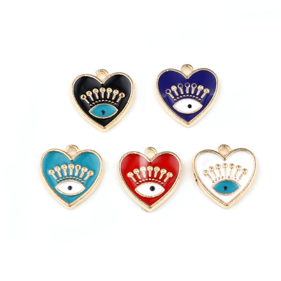 Immagine di Lega di Zinco Charms Cuore Oro Placcato Malocchio Smalto 15mm x 15mm , 10 Pz