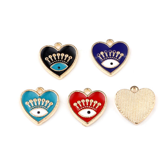 Immagine di Lega di Zinco Charms Cuore Oro Placcato Malocchio Smalto 15mm x 15mm , 10 Pz