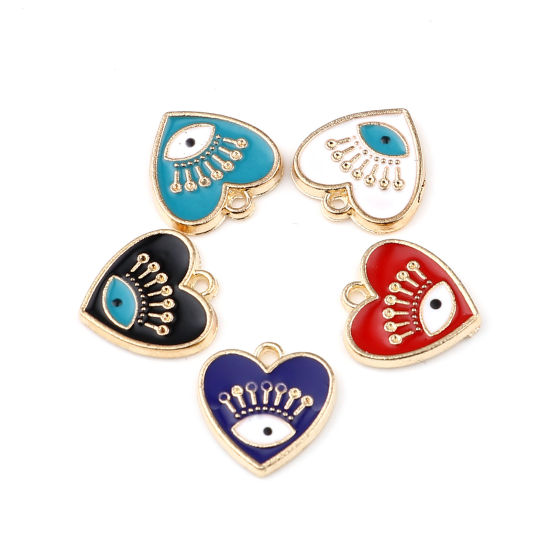 Immagine di Lega di Zinco Charms Cuore Oro Placcato Malocchio Smalto 15mm x 15mm , 10 Pz