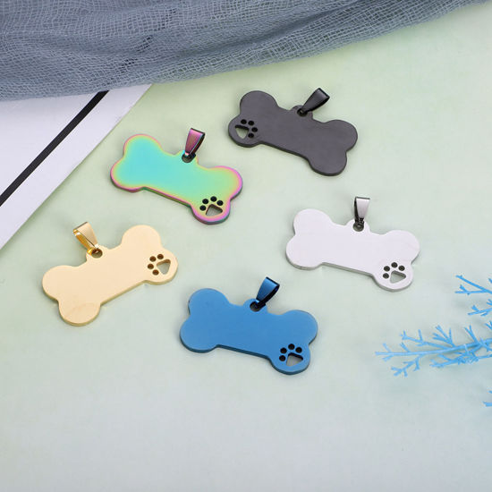 Immagine di Acciaio Inossidabile Memoriale dell'animale Etichette di Stampaggio Vuote Ciondoli Osso Orma di Zampa Multicolore 40mm x 21mm , 1 Pz