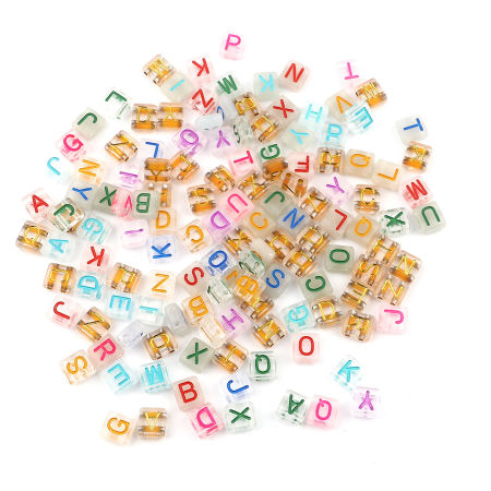 Acrylic Beads Two Holes Square Golden Initial Alphabet/ Capital Letter Pattern About 8mm x 8mm, Hole: Approx 1.6mm, 300 PCs