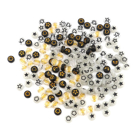 Perles en Acrylique Plat-Rond Noir Etoile Brille dans le Noir Lumineux Env. 7mm Dia, Trou: env. 1.6mm, 500 Pcs