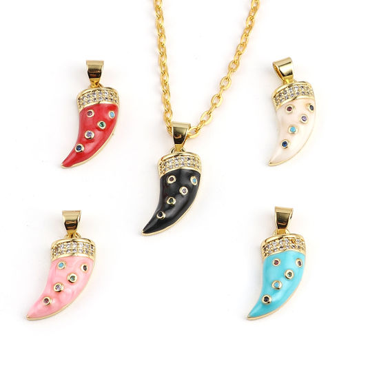 Immagine di 1 Pz Ottone Micro Intarsio Ciondoli Pendenti Oro Placcato Forma di Corno Multicolore Strass 21mm x 9mm