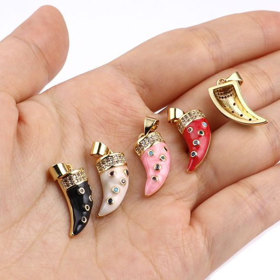 Immagine di 1 Pz Ottone Micro Intarsio Ciondoli Pendenti Oro Placcato Forma di Corno Multicolore Strass 21mm x 9mm
