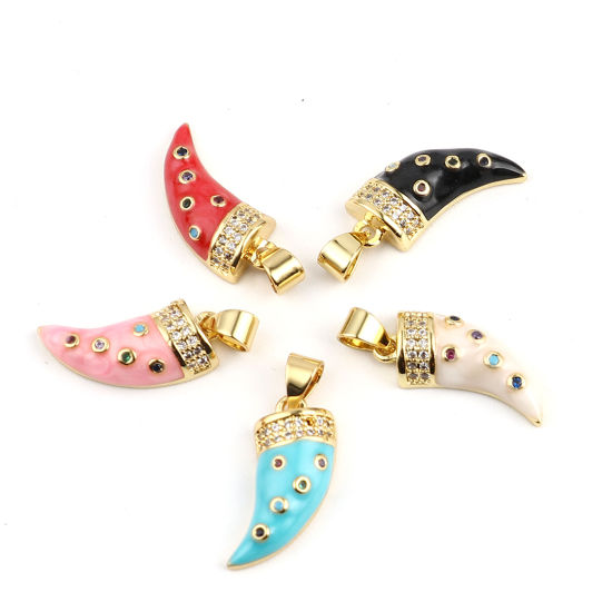 Immagine di 1 Pz Ottone Micro Intarsio Ciondoli Pendenti Oro Placcato Forma di Corno Multicolore Strass 21mm x 9mm
