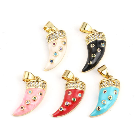 Immagine di 1 Pz Ottone Micro Intarsio Ciondoli Pendenti Oro Placcato Forma di Corno Multicolore Strass 21mm x 9mm