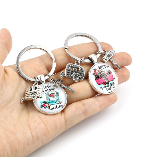 Picture of Keychain & Keyring Antique Silver Color Red Round Car Message " CAMPING " 63mm, 5 PCs