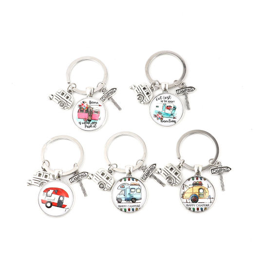 Picture of Keychain & Keyring Antique Silver Color Red Round Car Message " CAMPING " 63mm, 5 PCs