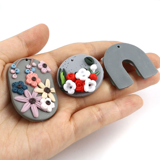 Picture of Polymer Clay Pendants Round Multicolor Flower 2 PCs