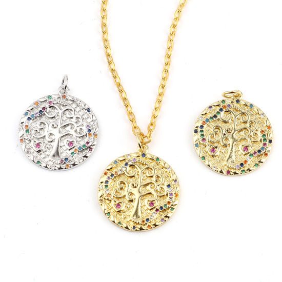 Immagine di Ottone Charms Tondo Albero Multicolore Strass 26mm x 20mm, 1 Pz
