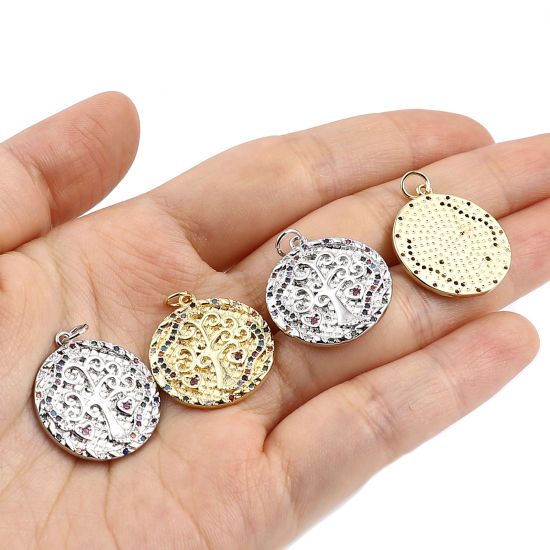 Immagine di Ottone Charms Tondo Albero Multicolore Strass 26mm x 20mm, 1 Pz