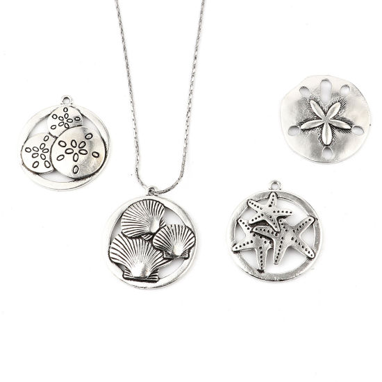 Imagen de Zamak Joyería del océano Colgantes Dólar de arena Plata Antigua 37mm x 35mm, 5 Unidades