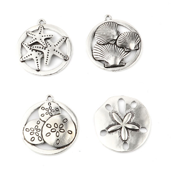 Imagen de Zamak Joyería del océano Colgantes Dólar de arena Plata Antigua 37mm x 35mm, 5 Unidades