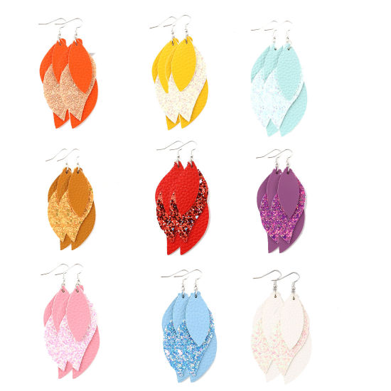 Image de Pendentifs en PU Feuille Paillettes 79mm x 35mm, 5 Pcs