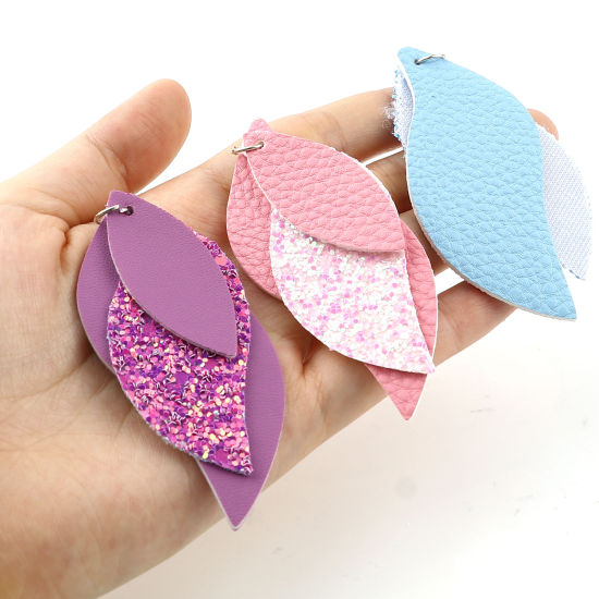 Image de Pendentifs en PU Feuille Paillettes 79mm x 35mm, 5 Pcs