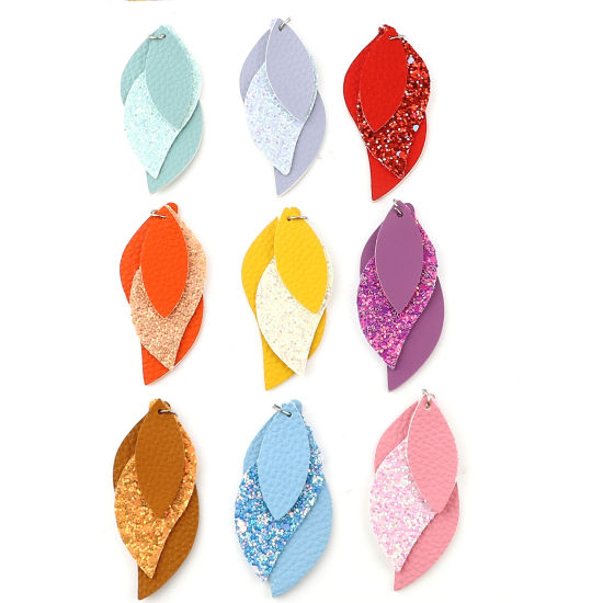 Image de Pendentifs en PU Feuille Paillettes 79mm x 35mm, 5 Pcs