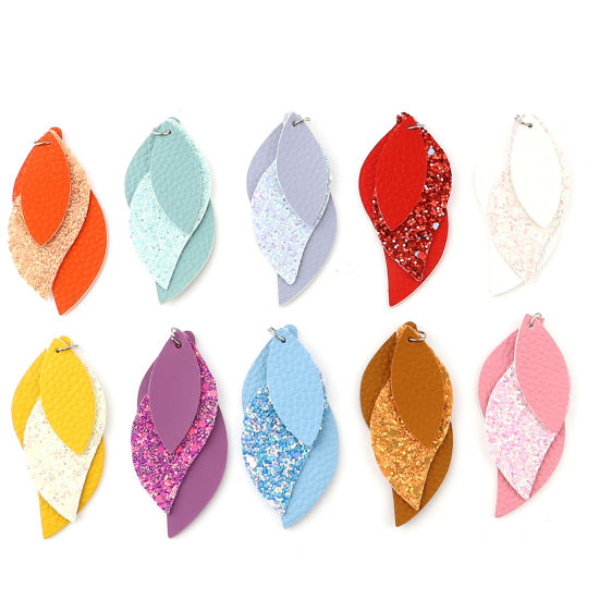 Image de Pendentifs en PU Feuille Paillettes 79mm x 35mm, 5 Pcs