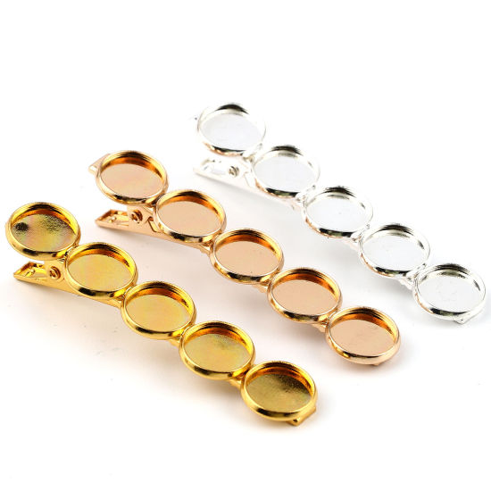 Picture of Copper & Iron Based Alloy Hair Clips Findings Round Cabochon Settings (Fits 12mm Dia.) 69mm x 14mm, 5 PCs