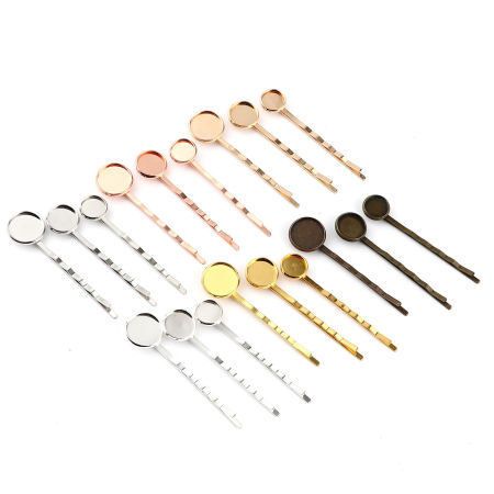 Copper & Iron Based Alloy Hair Clips Findings Round Cabochon Settings (Fits 10mm Dia.) 60mm x 12mm, 10 PCs