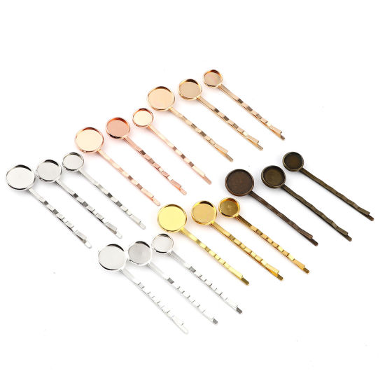 Picture of Copper & Iron Based Alloy Hair Clips Findings Round Cabochon Settings (Fits 10mm Dia.) 60mm x 12mm, 10 PCs