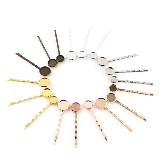 Picture of Copper & Iron Based Alloy Hair Clips Findings Round Cabochon Settings (Fits 10mm Dia.) 60mm x 12mm, 10 PCs