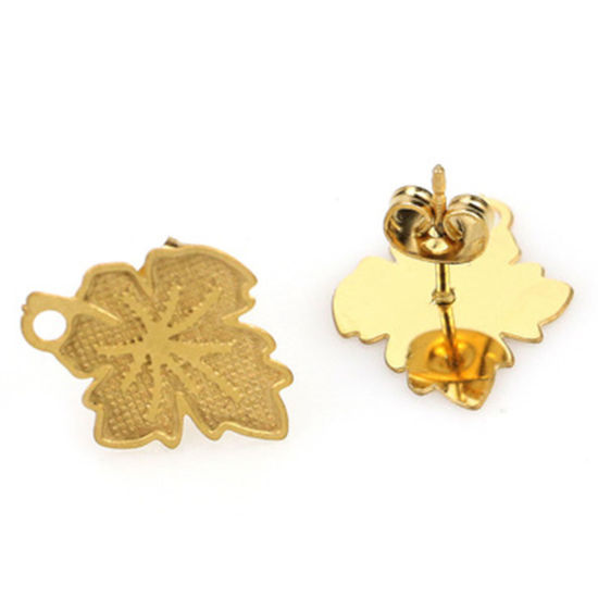 Picture of Stainless Steel Ear Post Stud Earrings Maple Leaf W/ Loop 4 PCs