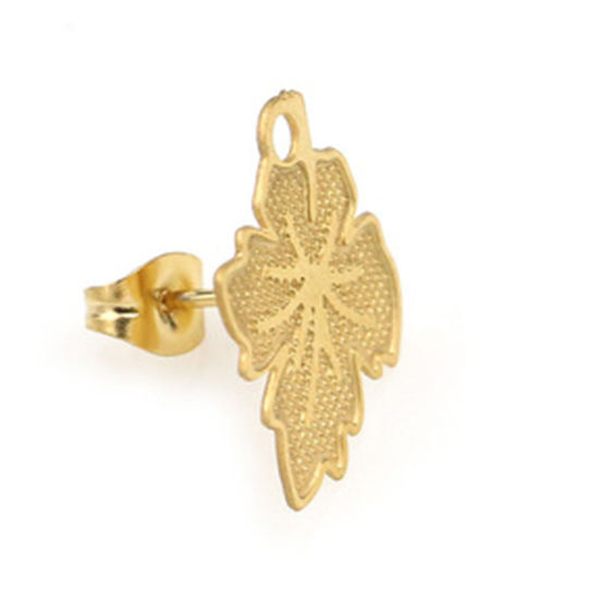 Picture of Stainless Steel Ear Post Stud Earrings Maple Leaf W/ Loop 4 PCs