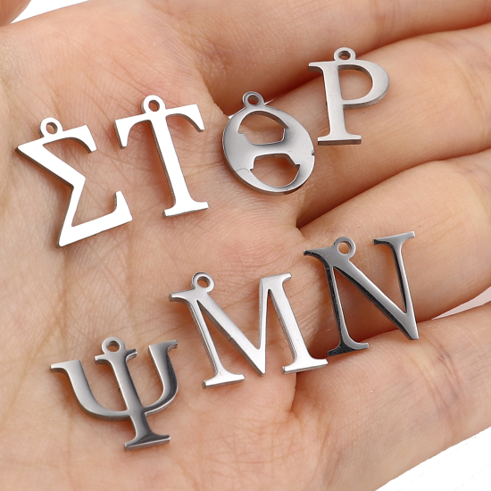 Picture of 304 Stainless Steel Charms Silver Tone Greek Alphabet