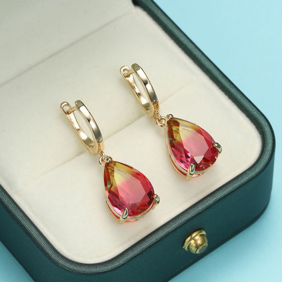 Image de Boucles d'Oreilles Créole Anneaux en Laiton Fuchsia Goutte d'Eau 33mm x 10mm , 1 Paire                                                                                                                                                                        