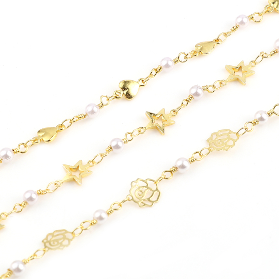 Picture of Brass Imitation Pearl Link Chain Findings Gold Plated White 6mm, 1 M                                                                                                                                                                                          