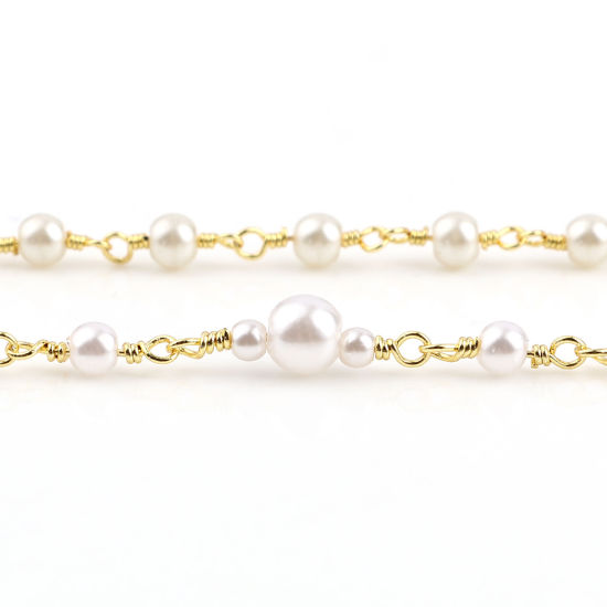 Picture of Brass Imitation Pearl Link Chain Findings Gold Plated White 6mm, 1 M                                                                                                                                                                                          