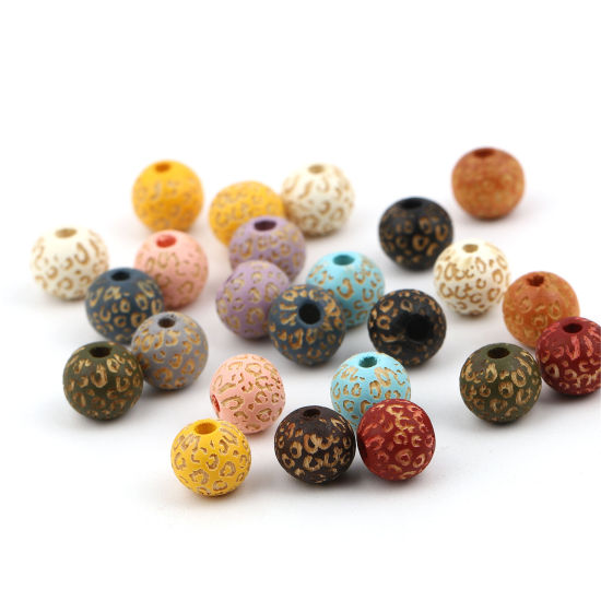 Picture of Natural Wood Spacer Beads Round Leopard Print About 10mm Dia., Hole: Approx 2.8mm, 20 PCs