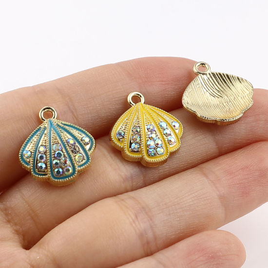 Bild von Zinklegierung Charms Jakobsmuschel Vergoldet Bunt Strass 5 Stück