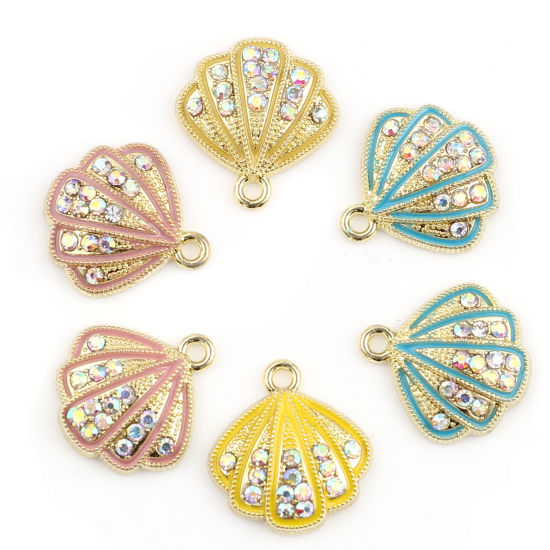 Bild von Zinklegierung Charms Jakobsmuschel Vergoldet Bunt Strass 5 Stück