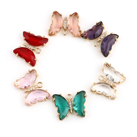 Imagen de Aleación de metal de Zinc + Acrílico Insecto Colgantes Charms Mariposa Chapado en Oro Multicolor 2 Unidades