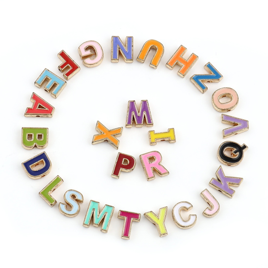 Immagine di Lega di Zinco Perline Lettera Smalto Circa 10mm x 10mm, Foro:Circa 1.5mm, 10 Pz